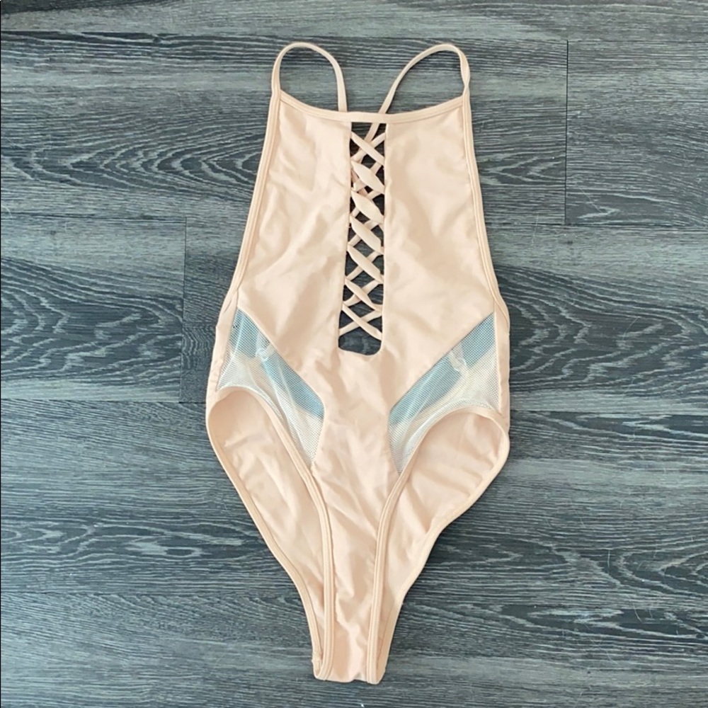 Light pink backless mesh one piece XS